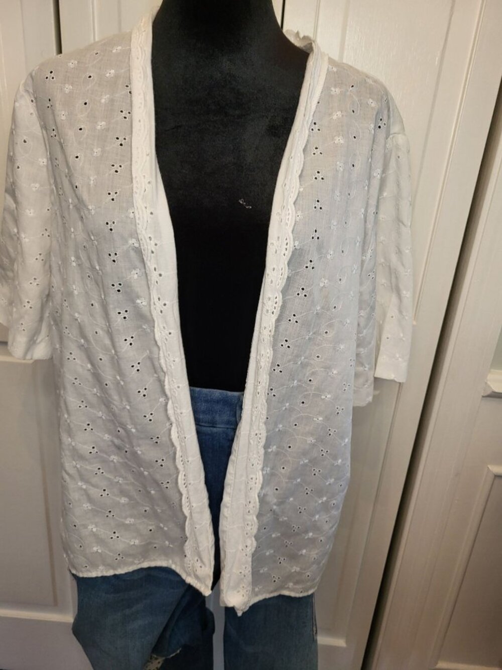 Vintage 80s Vicki Wayne's White Eyelet Open Cardigan L Cottage Coquette Prairie